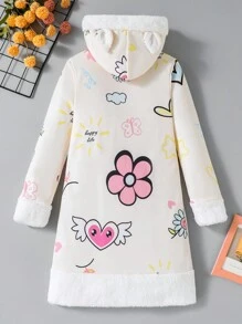 SHEIN 青少年女孩休闲可爱豹纹毛绒猫耳面板双色公主连衣裙