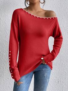 SHEIN Privé Solid Color Asymmetric Collar Studded Decor Casual Versatile Long Sleeve Pullover Sweater - Red - View 6
