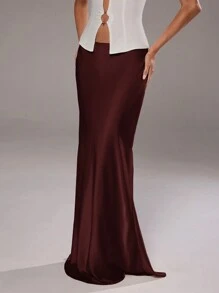 Aloruh Satin Solid Color Elegant Skirt, Burgundy Satin Skirt Ancola Red Skirt, Super Low Waist - Burgundy - View 5