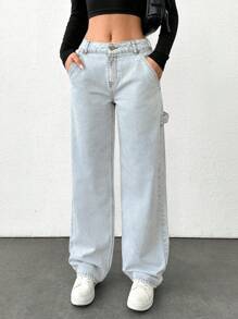 Cottnline HIGH WAIST WIDE LEG SLANT POCKET DETAIL Y2K STYLE JEAN - Light Wash - View 1