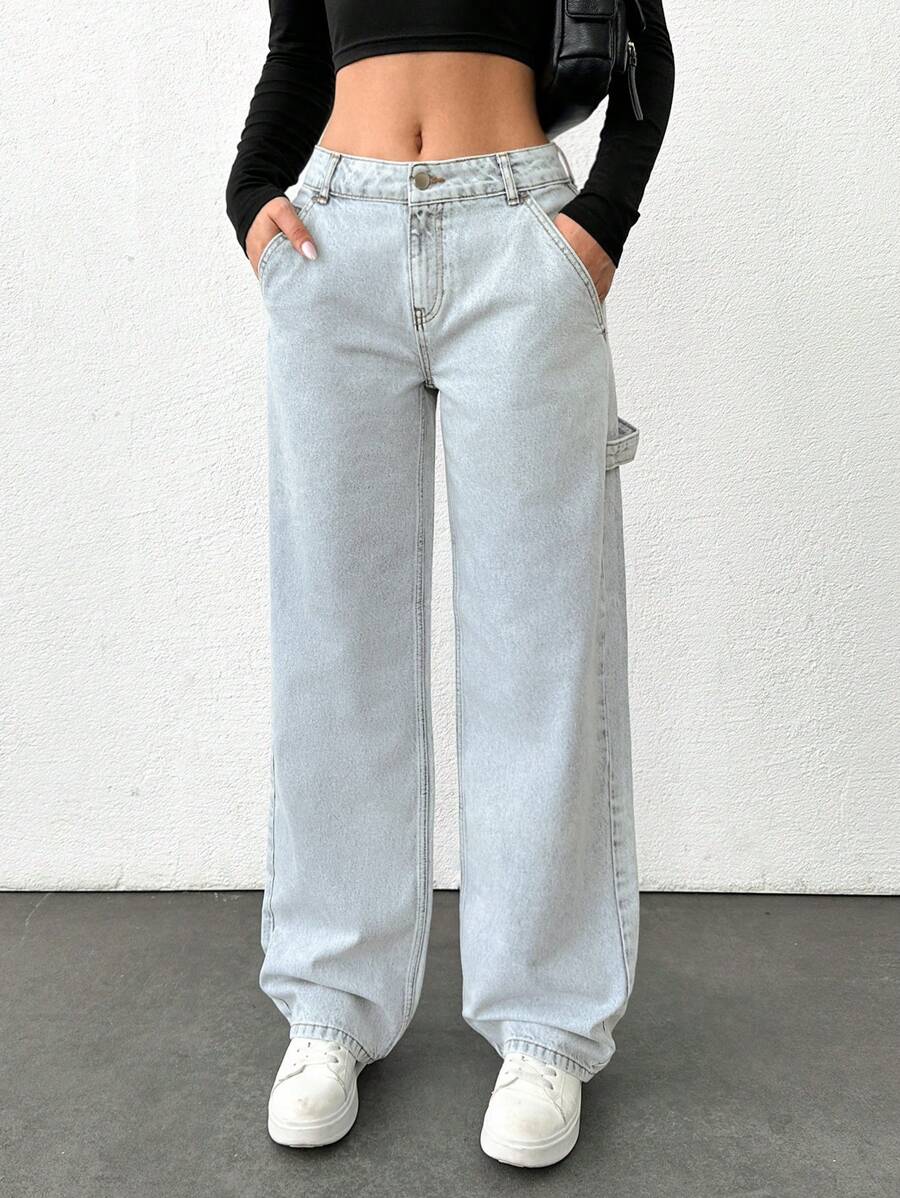 Cottnline HIGH WAIST WIDE LEG SLANT POCKET DETAIL Y2K STYLE JEAN - Light Wash - View 1