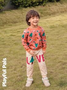 SHEIN 2 件套年轻男孩图案印花圆领长袖上衣和休闲裤套装，适合圣诞节 - 彩色 - 查看 1