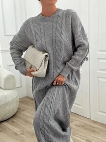 EURMUSE Women Solid Drop Shoulder Oversize Cable Knit Sweater Dress - Grey - View 5