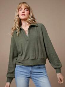 WESTFADE Spring Brushed Rib Knit Long Raglan Sleeve Polo Neck Top - Olive Green - View 1