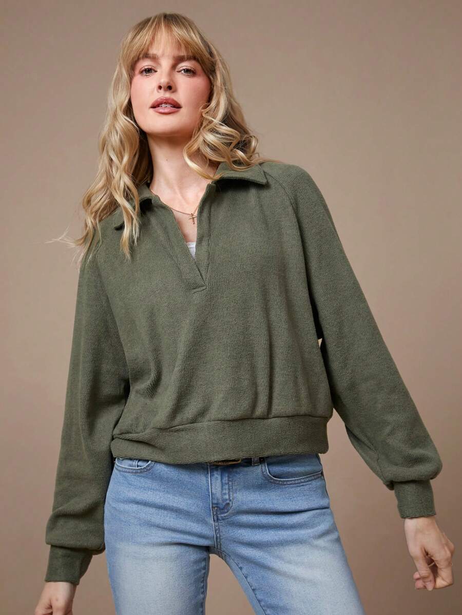 WESTFADE Spring Brushed Rib Knit Long Raglan Sleeve Polo Neck Top - Olive Green - View 1