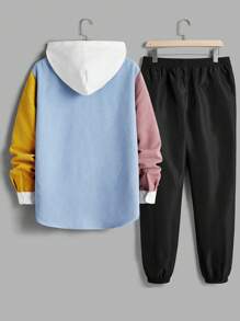 Manfinity VCAY 2 Pieces Men's Woven Slim Fit Drop Shoulder Contrast Color Splicing Long Sleeve Shirt Set, Suitable For Everyday Wear - Multicolor - View 2