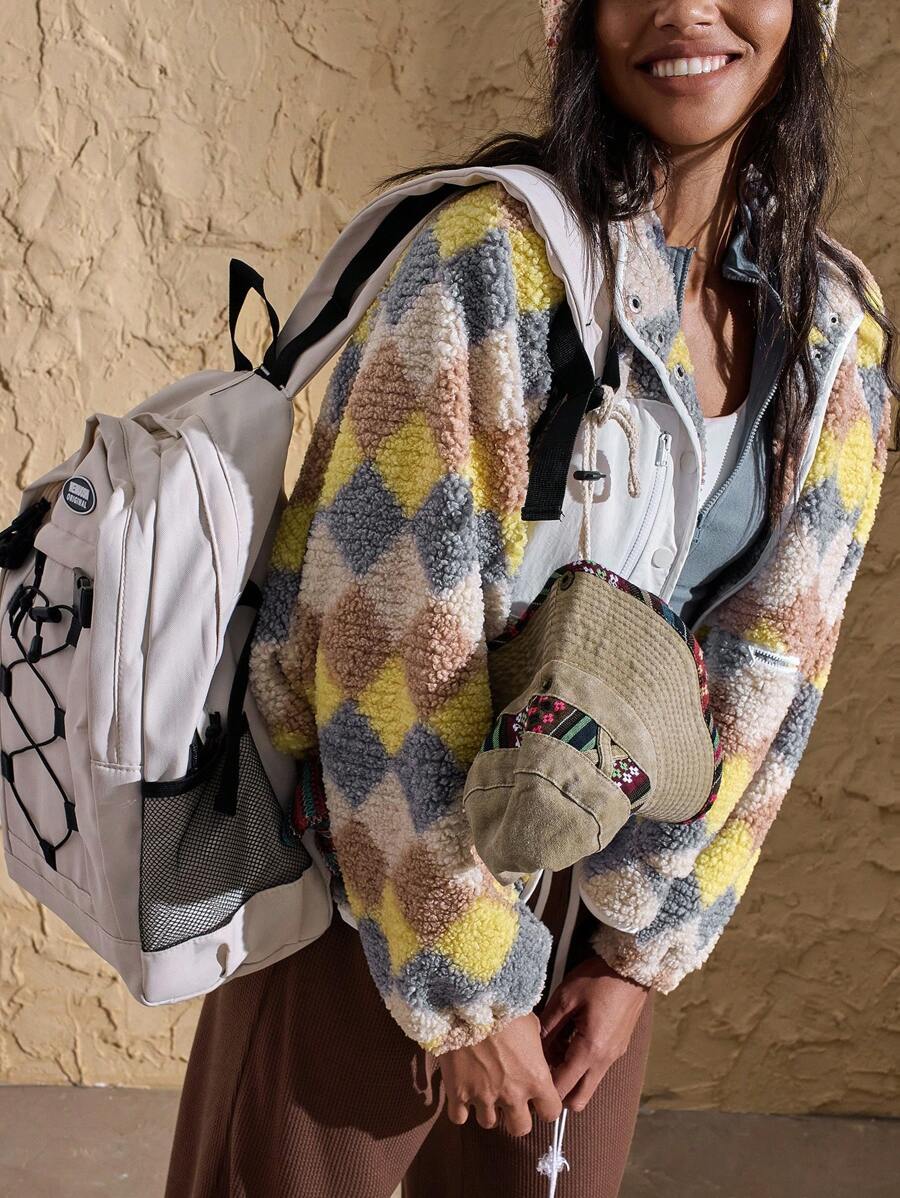 VARSITIE High Neck Long Sleeve Pocket Print Fluffy Colorblock Loose Casual Jacket