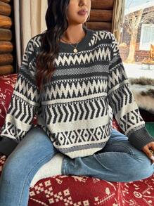 Calvaya Femmes grande taille Pull ample décontracté à manches longues avec rayures ondulées et épaules tombantes pour l'automne/hiver