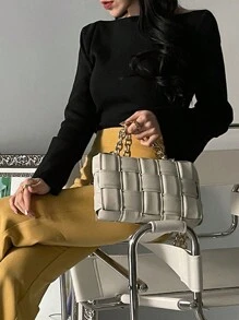 DAZY Damen Schwarz Breit Gestreifter Bootausschnitt Trompetenärmel Figurbetonte Pullover, Frühling/Herbst, Herbst Damenbekleidung