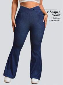 Flexra Plus Size Solid Color Stretchy Knit Pocket Skinny Flare Leg Jeans Apple Bottom Jeans - Blue - View 3