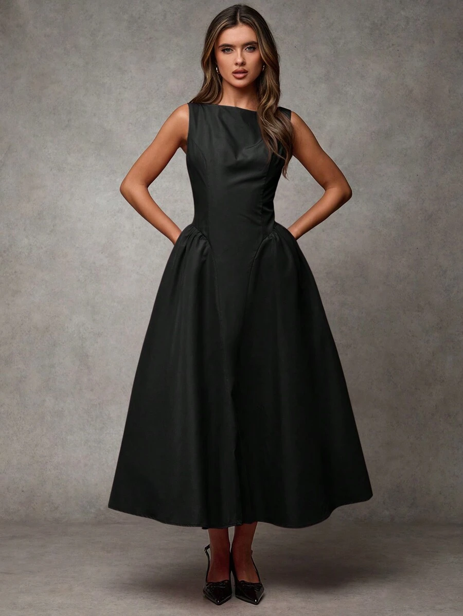 SHEIN BAE 女式复古酒红色无袖连衣裙，紧身腰部，适合约会、派对、返校 冬季女装 感恩节女装 冬季装 圣诞女装 圣诞女装 - 黑色 - 查看 1