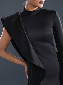 Hauture Haute Ruffle Detail Midi Fall Christmas Party Dress Long Sleeve Going Out Date Night Girl's Night Out Sophisticated Dress Little Black Dress Holiday Dress