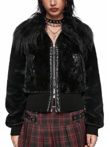 ROMWE Grunge Punk Gyaru Snow 朋克时尚人造毛皮和 PU 拼布短款女式夹克 - 黑色 - 查看 4