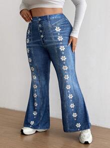 SHEIN CURVE+ 休闲定位印花牛仔效果喇叭裤 - 藍色 - 查看 4