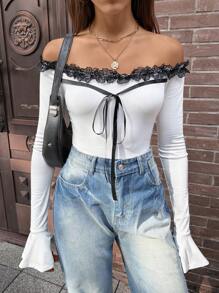 Chiquease Blusa de mujer con hombros descubiertos, lazo y mangas acampanadas - Blanco - Ver 3