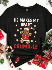 SHEIN Essnce Couples Christmas Shirts, Couple Christmas Pajamas, Couple Sweaters, Gingerbread Matching Christmas TShirts, Funny Ugly Sweater Party Tees,Casual Minimalist Christmas Pattern Loose Round Neck Short Sleeve Women T-Shirt, Suitable For Summer - Black - View 3