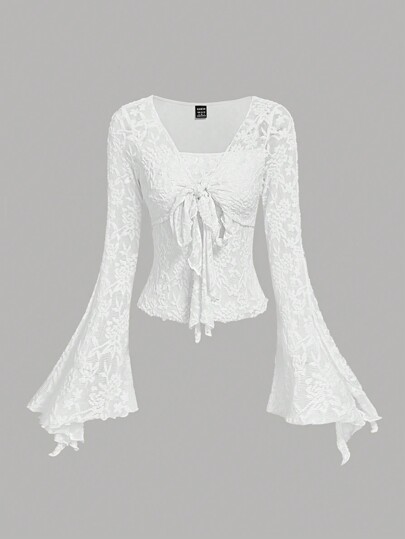 SHEIN MOD Apricot Romantic Elegant Front & Center Tie Design Women's Tops, Lovely T-Shirt, Autumn/Winter