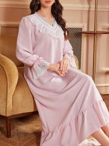 PalaceNights Váy ngủ cổ bèo nhún phong cách cung điện cổ điển Pháp dành cho nữ, váy ngủ mùa đông kiểu babydoll sang trọng, Moo Moo, chi tiết ấm cúng và thanh lịch cho mùa thu - Hồng - Xem 1