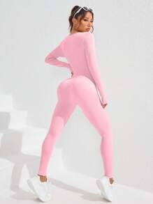 Gameset SHEIN Sport 女士纯色方领长袖罗纹连体裤，适合日常健身和运动 - 淺粉色 - 查看 2