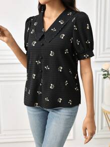 Mulvari 女士花卉刺绣撞色休闲衬衫，短袖 - 黑色 - 查看 4