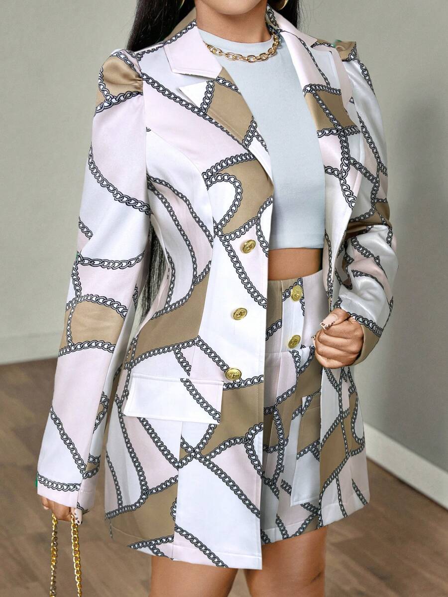 SHEIN Clasi 全印花双排扣长袖西装外套 + 裙子优雅套装 - 彩色 - 查看 1