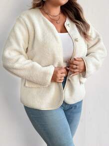 SHEIN CURVE+ Plus Size Women Casual Fluffy Short Jacket, Fashion Versatile Stylish Coat, White, Autumn/Winter