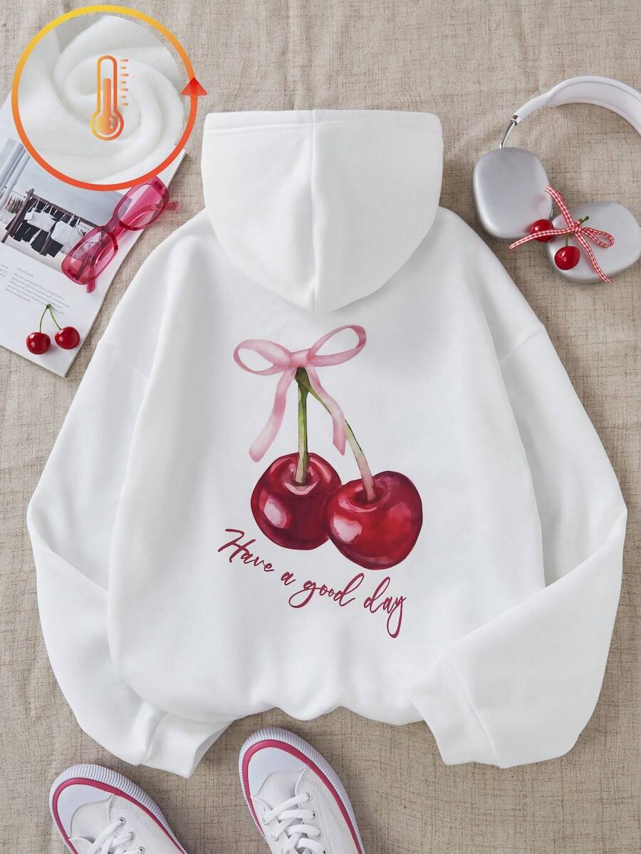 Teen Girls Cherry Print & Slogan Embellished Dropped Shoulder Long Sleeve Hooded Sweatshirt, Autumn/Spring - White - View 1