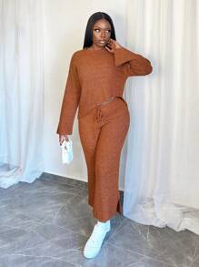 BamGleam 2pcs Women Knitted Oblique Hem Top & Side Slit Pants Set, Long Sleeve Sweater & Long Trousers Outfits, Autumn/Winter Fall Cloth For Women - Rust Brown - View 3