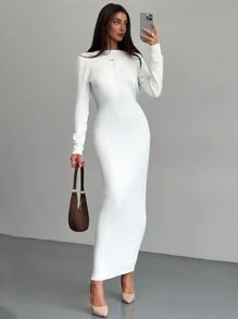 Aloruh New Sexy Open Back Knitted Blend Knit Long Sleeve Sweater Dress, Warm - Beige - View 6