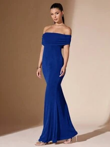 SHEIN BAE 女士纯色露肩性感透明优雅鱼尾露背紧身舞会礼服