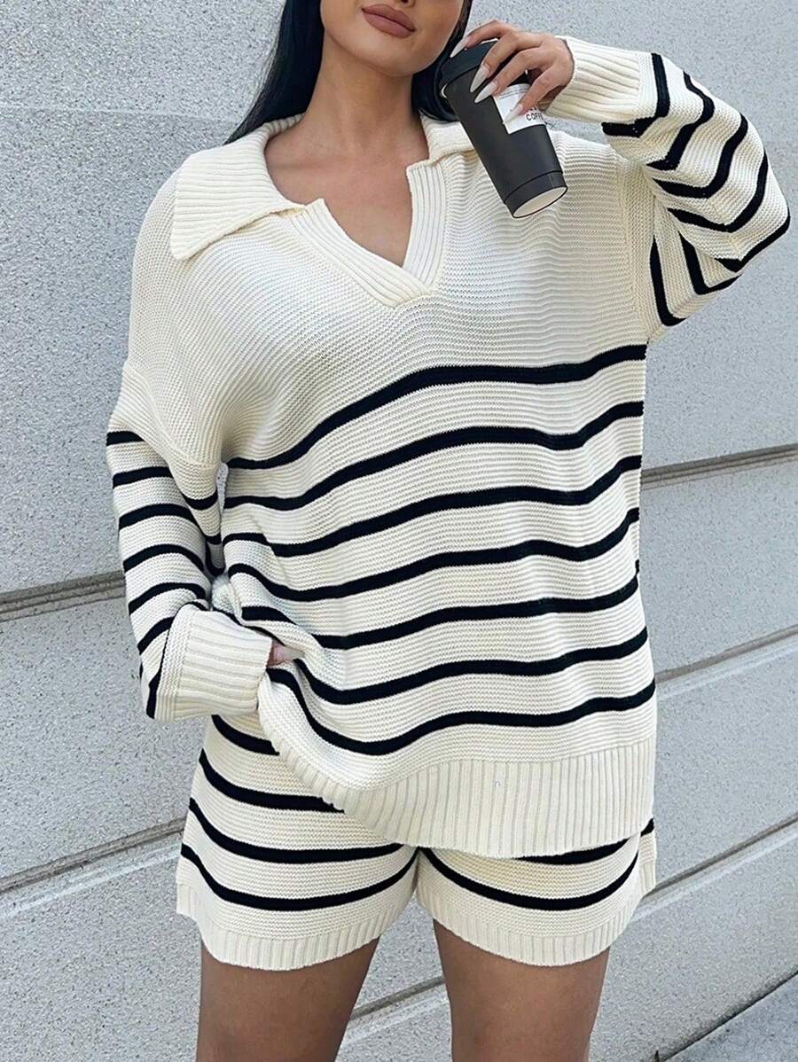 POPSWAY French Elegant Color Block Stripe Polo Collar Slouchy Pullover Long Sleeve + Shorts 2pcs Suit Knit Set For Women, Autumn/Winter Fall Cloth For Women - Multicolor - View 1