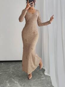 SHEIN Unity Knit Textured V-Neck Slim Fit Knee-Length Dress For Women Maxi Women Outfit Fall Cloth For Women - Khaki - View 1