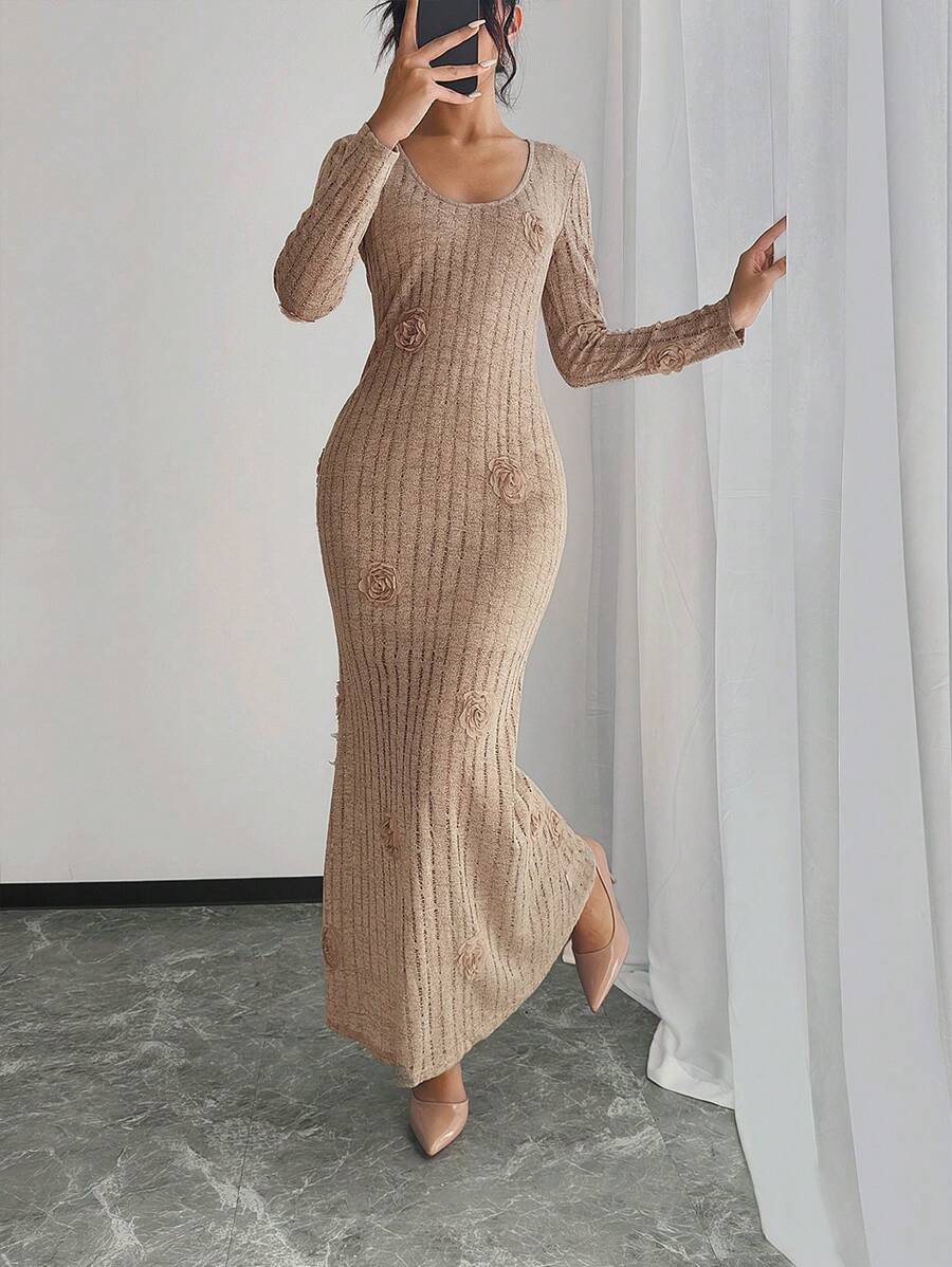 SHEIN Unity Knit Textured V-Neck Slim Fit Knee-Length Dress For Women Maxi Women Outfit Fall Cloth For Women - Khaki - View 1