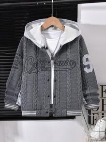 SHEIN Áo khoác bóng chày vải có mũ trùm đầu cho bé trai tuổi mới lớn, áo khoác thể thao thường ngày cho mùa thu/đông - Màu xám đen - Xem 3