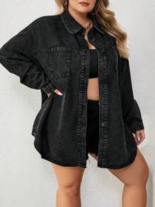 SHEIN CURVE+ Plus Size Women Black Lapel Long Sleeve Curved Hem Denim Jacket, Fall Women Clothes - Black - View 6