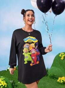 Teletubbies X SHEIN 大码休闲经典圆领落肩卡通印花黑色运动衫连衣裙 - 黑色 - 查看 4