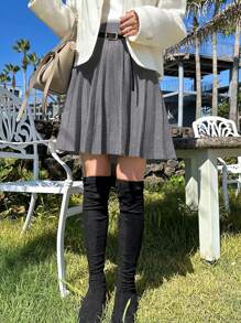 DAZY 女士纯色褶皱 A 字中长裙，适合所有季节秋冬 - 灰色 - 查看 5