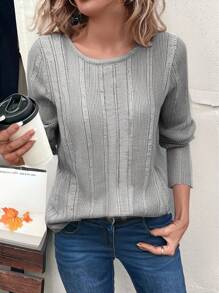 EMERY ROSE Vrouwen Eenvoudige Effen Kleur Ronde Hals Lange Mouw Geribbelde Gebreide Top, Casual Dagelijkse Kleding
