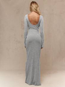 MISSGUIDED Rib Knit Boat Neck Long Flare Sleeves Scoop Back Maxi Dress - Light Grey - View 2
