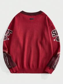 Manfinity VCAY Suéter casual de hombre con cuello redondo, mangas largas, detalles gráficos de letra y parches de unicolor