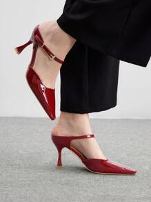 CUCCOO BIZCHIC Fashionable Burgundy Metallic Buckle Mule Pointed Toe Stilettos Heels, Suitable For Commuting, Dating, Party And Vacation For Christmas And New Year Holiday Vibe Fall And Winter