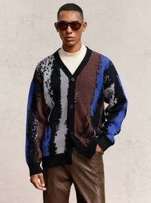 AKNOTIC Business Casual 男士宽松落肩长袖图案彩色套头衫都市开衫毛衣，适合秋冬季，适合老钱男士，男友礼物 - 彩色 - 查看 3