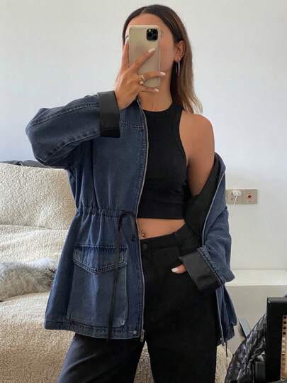 DAZY 女式拼接 PU 宽松长袖抽绳拉链牛仔夹克，秋季服装