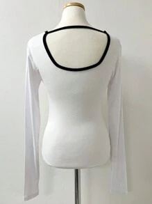 DAZY Women's Contrast Color Block Bowknot Decor Round Neck Long Sleeve White T-Shirt, Suitable For Spring/Summer