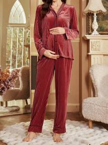 奢华条纹天鹅绒哺乳睡衣套装