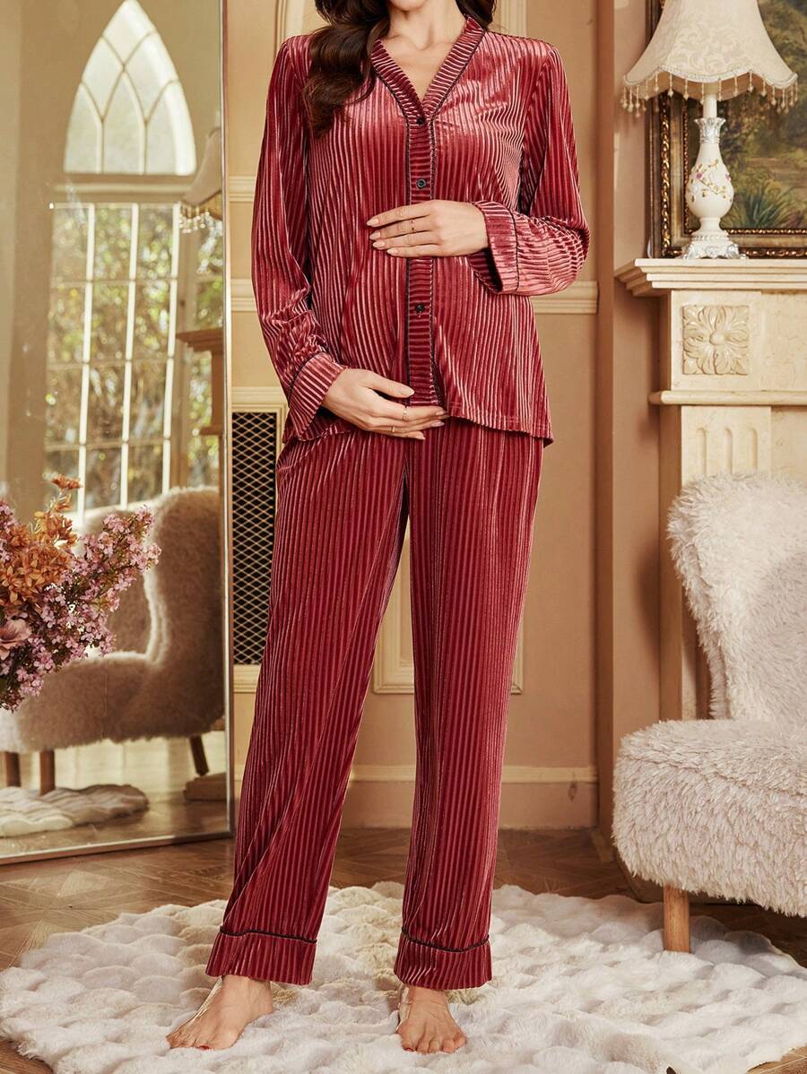 奢华条纹天鹅绒哺乳睡衣套装