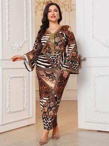 Al Najma Plus Size Women Leopard Print V-Neck Elegancka marszczona obcisła sukienka, Eleganckie dopasowane sukienki Jalabiya Maxi, Na wieczorne przyjęcie/wesele/rocznicę