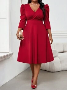 SHEIN Lady Mùa thu và mùa đông thanh lịch tiệc đi làm đám cưới ngày lễ tình nhân tiệc năm mới tiệc cocktail ngày lễ tình nhân hòa nhạc/lễ hội âm nhạc cổ áo đan chồng màu đỏ loe tay áo midi dài tay ba phần tư váy cỡ lớn - Màu Đỏ Sâu - Xem 1