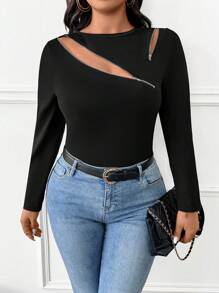 Calvaya Plus Size Women Zipper Hollow Design Slim Fit Long Sleeve T-Shirt For Spring - Black - View 5
