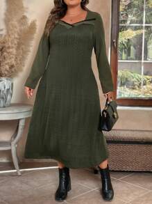 大码女式军绿色纹理面料拼布心形领饰修身长袖休闲优雅工作派对连衣裙，女装 - 綠色 - 查看 5